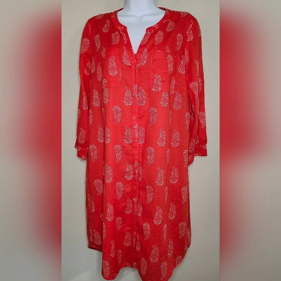 Old Navy Dress Women's Size Medium Orange White Paisley Shirtdress with Slip - Picture 1 of 10